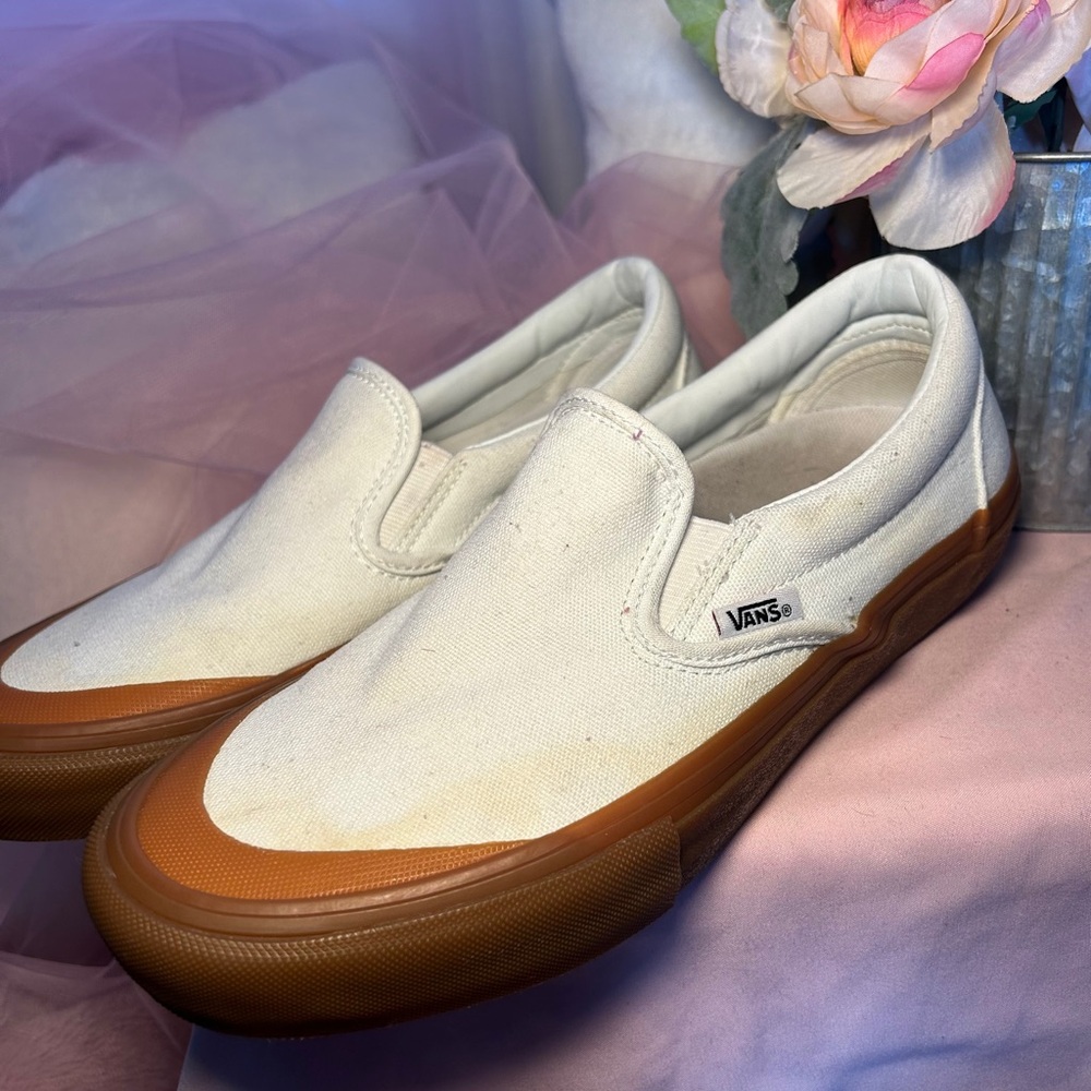 Vans Men’s White and Brown Slip-On Sneakers